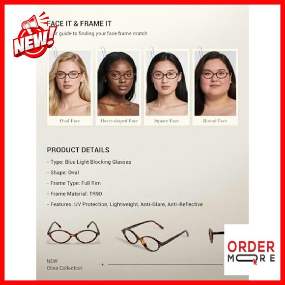 Blue Light Blocking Glasses Oval Frame Gaming Computer Screen - Picture 6 of 8